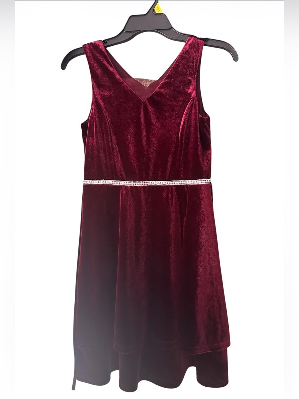 Girls' Burgundy Velvet Party Dress with Rhinestone Waist